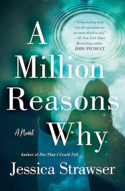 book cover for "A Million Reasons Why" by Jessica Strawser showing two silhouttes reflected in a puddle