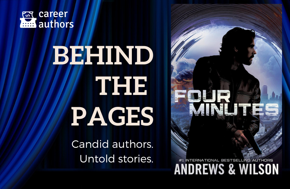 A promotional graphic for 'behind the pages' featuring the book 'Four Minutes" by Andrews & Wilson